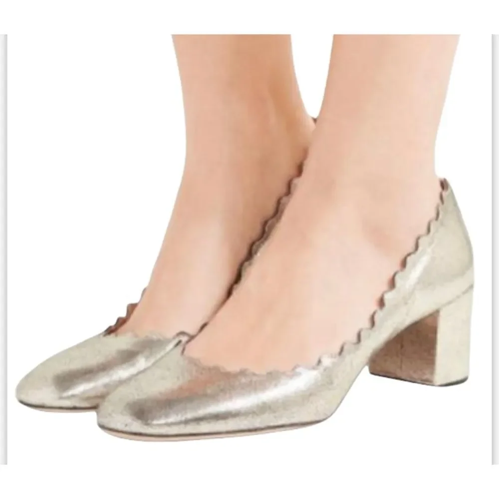 Chloe Glittery Metallic Gold Scalloped Leather Block Heel Size 7.5 NEW